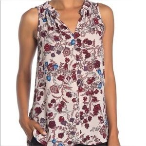 Vince Camuto Floral Sleeveless V-Neck Loose Fit Elastic Ruffle Neckline Top XS